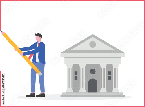 A businessman drawing a circle around himself and a building,
