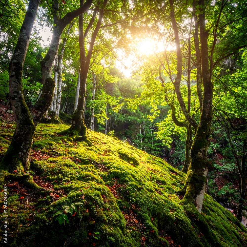 Fototapeta premium Sunlight filtering through a lush forest