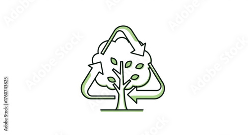 A green tree inside a recycling symbol, it represents environmental conservation and sustainability