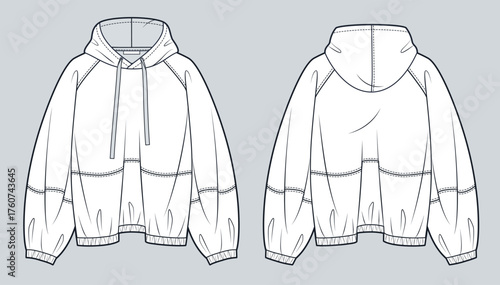 Oversized Hoodie with balloon sleeves fashion flat sketch. Raglan Sleeve Sweatshirt fashion technical drawing template, hood, loose fit, front and back view, white, women, men, unisex CAD mockup.