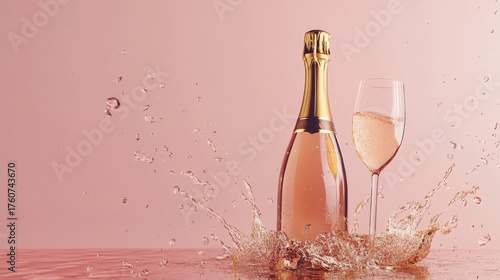 Elegant champagne bottle and glass with splash on pink background