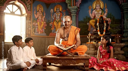 A Hindu Priest Guides Children In Sacred Temple Ritual With Divine Murals and Soft Natural Light