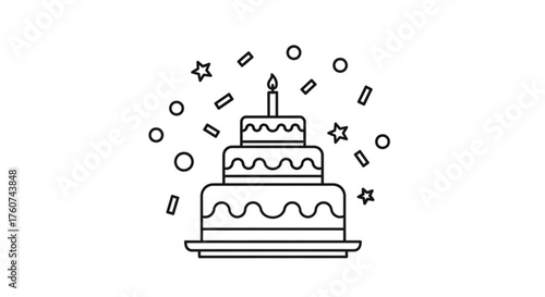 Threetiered birthday cake with a candle and confetti a delightful illustration perfect for invitations, cards, and party decorations