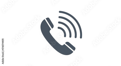 A simple dark gray phone icon with sound waves, representing communication, connection, and technology in a minimalist design