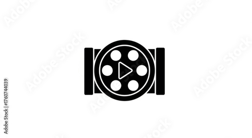 A black film reel icon, symbolizing cinema, movie production, and entertainment in a simple, minimalist design