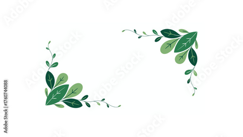 Illustration of green leaves and vines arranged in opposite corners on a white background art piece