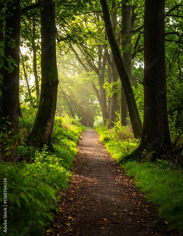 Fototapeta premium Sunlight filters through a lush forest path