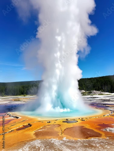 Steam and boiling water erupting from geothermal geyser cone formation