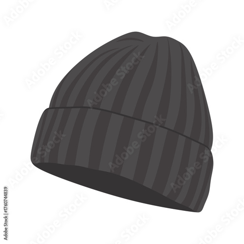 Winter hat. Knitted soft warm wool head accessory, headwear for cold weather. Seasonal wear isolated on white background. Modern woolen cap. Colored flat vector illustration