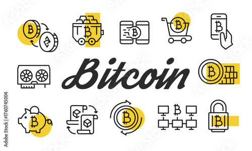 Bitcoin poster. Bitcoin poster design with Coin, Mining Rig, Blockchain, Wallet, and Security icons. Simple poster for presentations, covers. Banner template. Vector illustration.