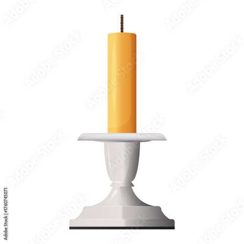 Unlit candle in classic metal holder isolated on white. Vector illustration