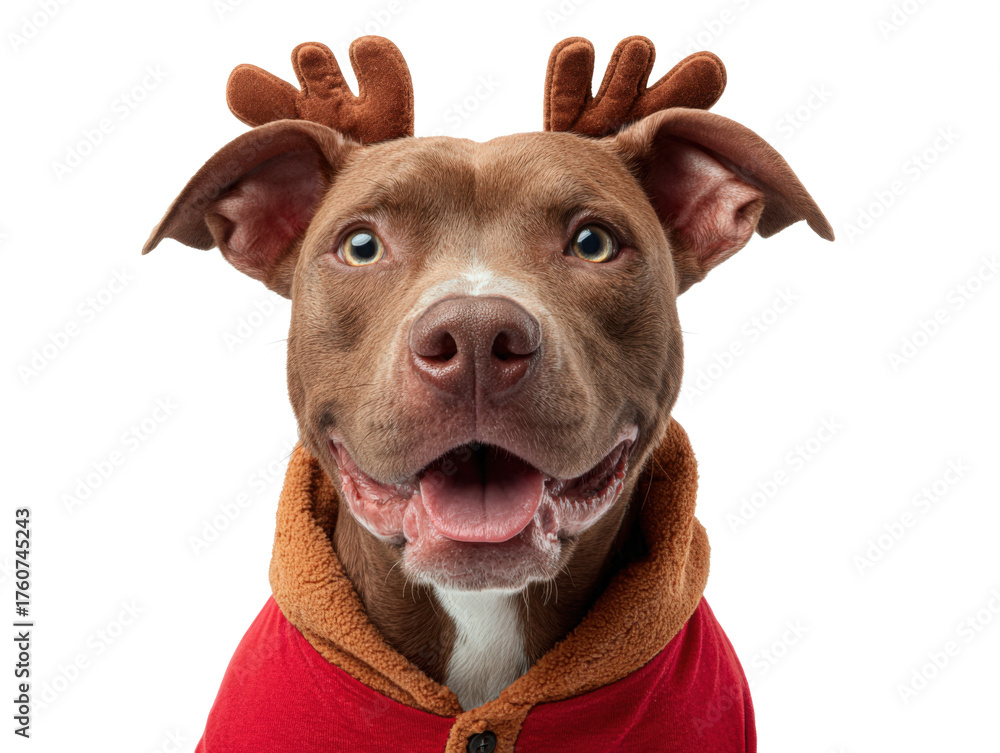 Obraz premium Happy Brown Dog Wearing Reindeer Antlers and Red Jacket on White Background