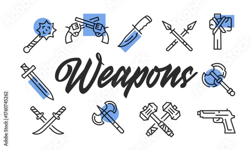 Weapons poster. Weapons poster design with arms icons. Sword, Knife, Axe, Spear, Gun icons. Simple poster for presentations, covers. Banner template. Vector illustration.
