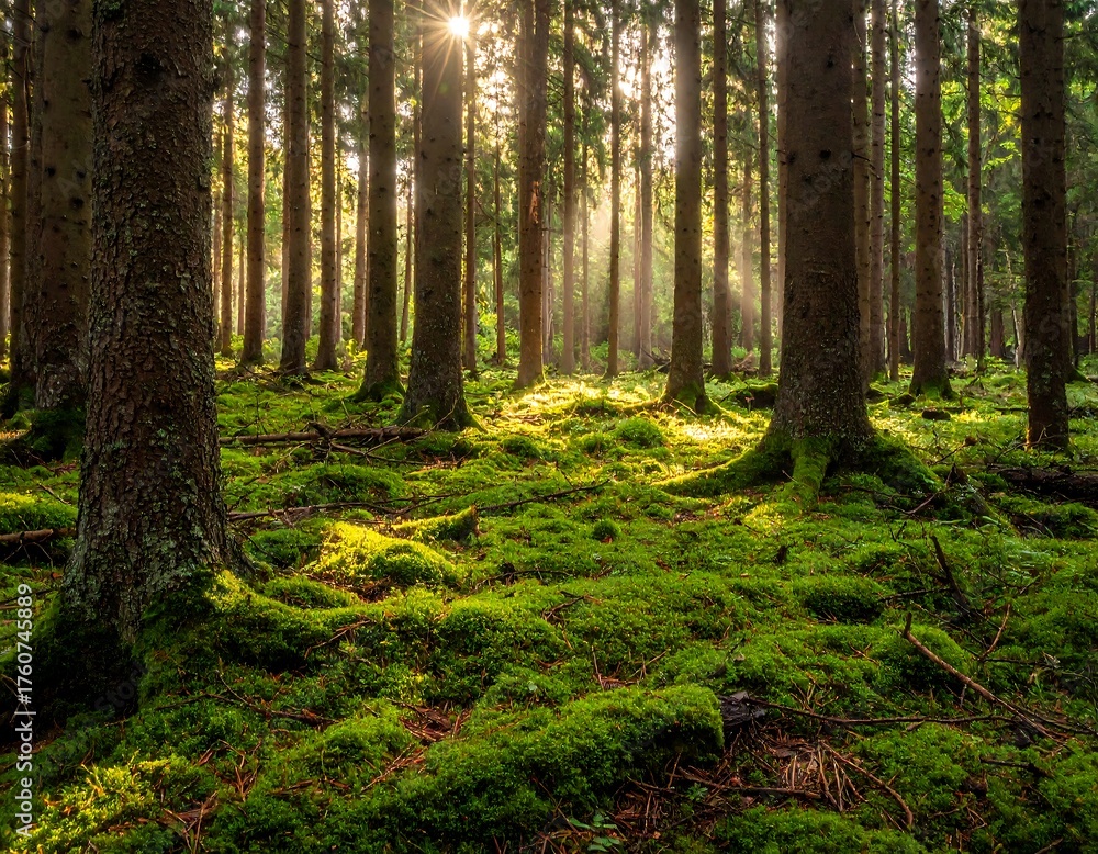 Naklejka premium Sunlight streams through a dense forest of tall evergreen trees, illuminating a mossy forest floor