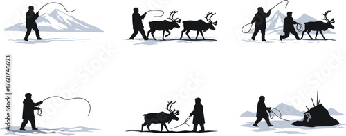 Arctic reindeer herder guiding animals in snowy mountain landscape, traditional northern lifestyle, wilderness survival, cultural heritage, and winter nature adventure concept