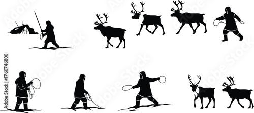 Traditional reindeer herding in snowy Arctic landscape, herder guiding reindeer with rope, winter survival lifestyle and northern cultural heritage concept