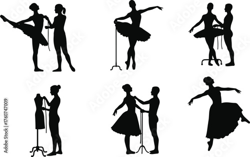 Ballet dancer fitting and costume adjustment with tailor, ballerina preparation before stage performance, elegant dance fashion design and art concept