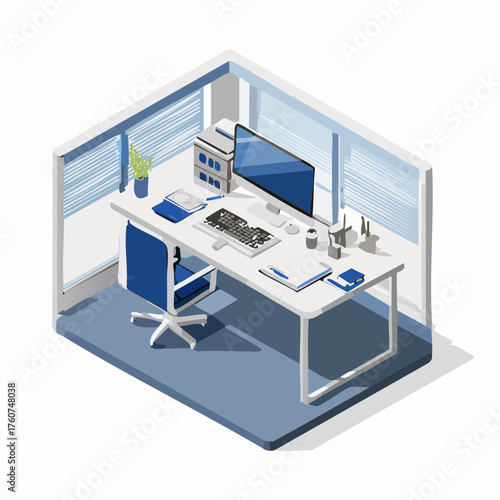 Isometric office cubicle illustration computer desk and workspace design