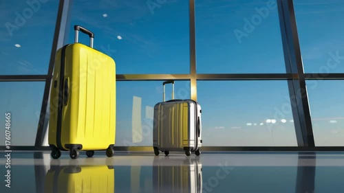 Colorful Suitcases with Airplane Flying Overhead Representing Travel and Vacation Concept
