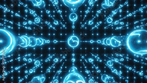 3D Digital Blue Spheres in Futuristic Grid Representing Data Flow and Network Technology