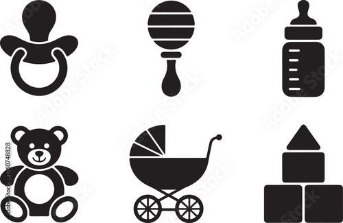 Adorable baby icons for nursery designs, black shapes