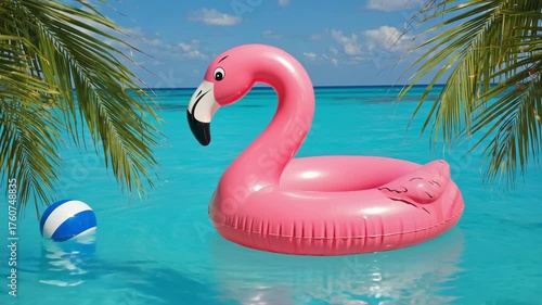 Pink Flamingo Inflatable Floating in Tropical Blue Water Representing Summer Fun and Vacation