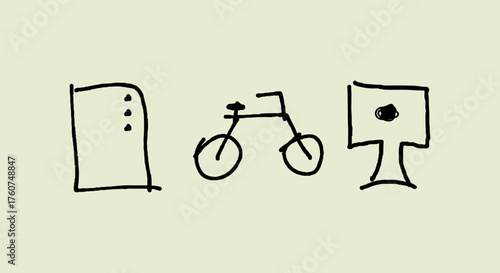Simple hand drawn sketch of a bicycle between two objects