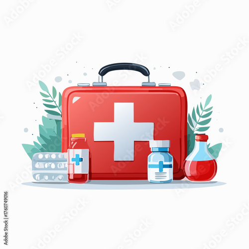 Medical first aid kit with medicines and equipment illustration