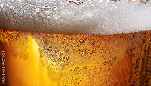 Beer Close Up With Wavy Foam Alcohol Free Brew Detail Undulating Froth Bubbly Beverage Refreshment Zero Proof Drink Golden Liquid Foamy Top Macro Thirst Quenching Cool