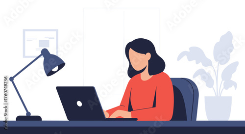 Woman working on a laptop at her desk Remote work business and productivity illustration