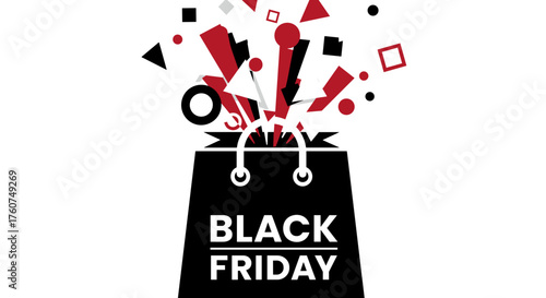 Black Friday shopping bag graphic representing explosive commercial deals and discounts