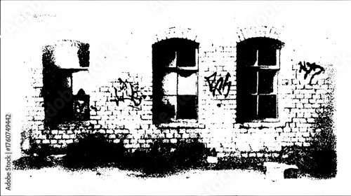 Antique engraving of a brick wall with windows. Hand-drawn outline vector illustration featuring vintage urban texture in black and white.