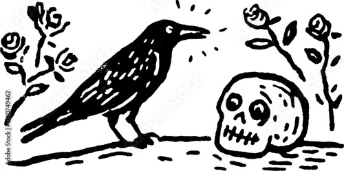 Crow and skull illustration with roses. Simple, monochrome vector art, showcasing a gothic design set with nature elements.