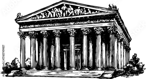 Classical temple building in vintage engraving style. Detailed artwork highlights historical architecture, black and white vector illustration.