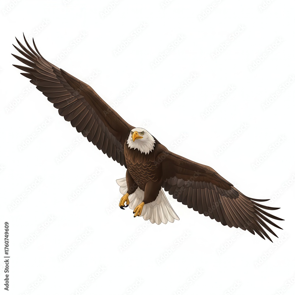 Fototapeta premium Majestic Bald Eagle Soaring with Wings Extended Against a Pure White Background Symbolizing