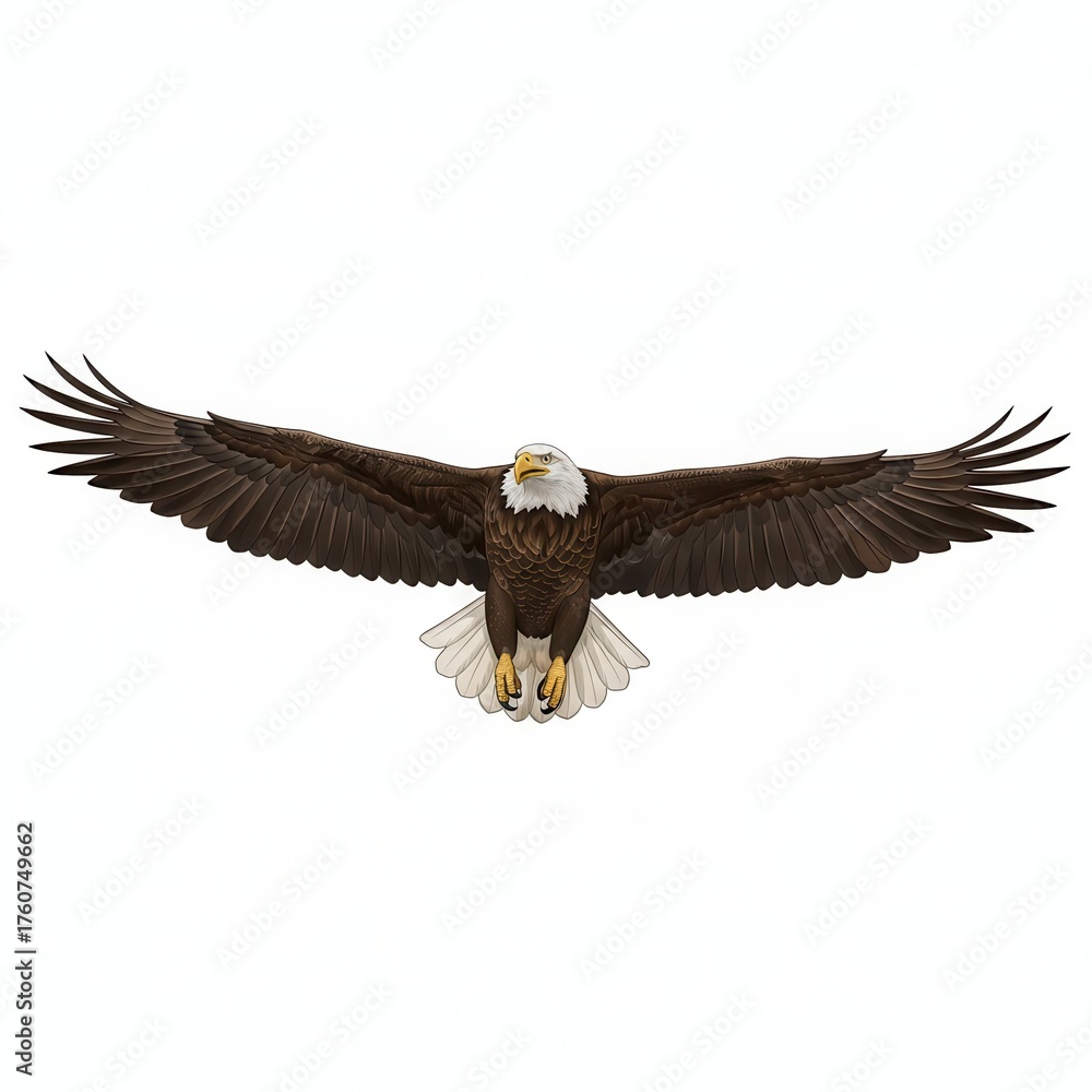 Fototapeta premium Majestic bald eagle soaring with wings spread wide against a pristine white background showcasing