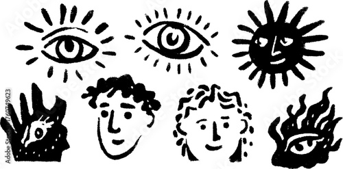 Hand-drawn silhouettes featuring eyes, suns, and faces. Black outline illustration set with mystical designs, created in vector style.