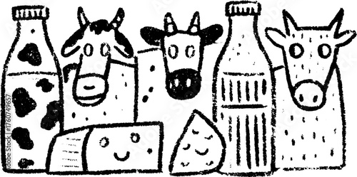 Milk, cheese, and cow containers in hand-drawn style. Simple black and white vector illustration of dairy products in a set.