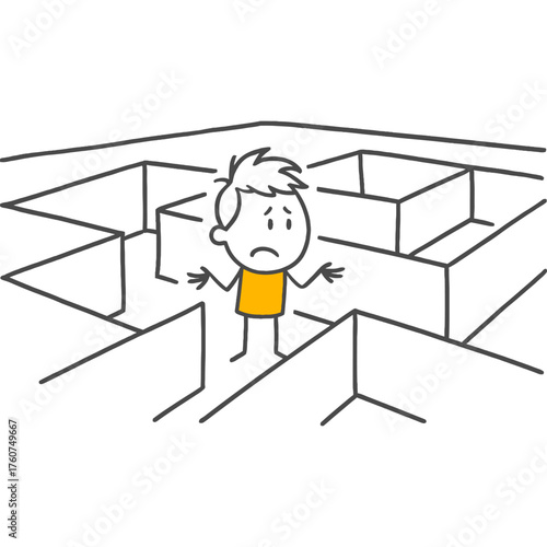 Employee lost deep in the complex maze waiting helplessly with hands open under the pressure of finding a solution.