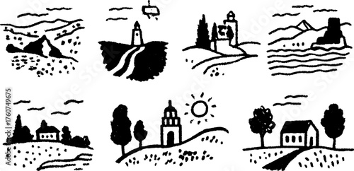 Landscape vector illustration showcasing a simple design with a house, trees, and hills in black and white set within a tranquil nature scene.