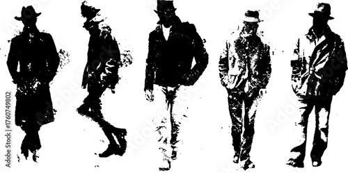 Silhouetted man figures in various poses and clothing styles. Monochrome vector illustration captures dramatic motion and contrast in a stylish set.