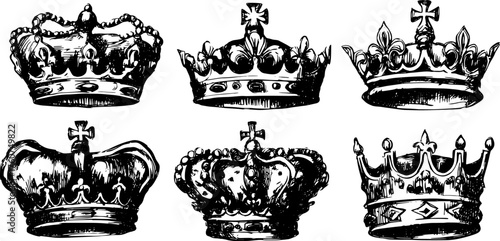 Set of vintage crown illustrations. Hand-drawn in black outline and engraving style, including vector elements for decorative graphic designs.