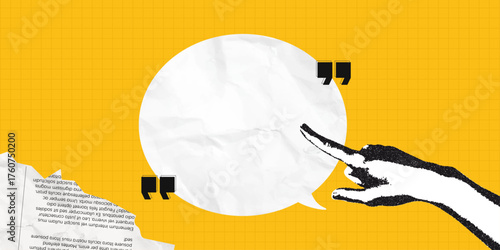 Trendy Halftone Stipple effect Hand showing empty space speech bubble. Social media communication. Empty space for quote, plan and idea. Creative abstract template. Vintage vector illustration art