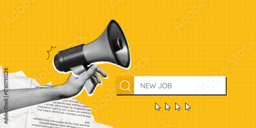 Trendy Halftone Collage Online Hiring. Hand with megaphone and search bar. Job search on internet. Career opportunity. Remote work. Offer about new vacancy. Contemporary vector illustration art