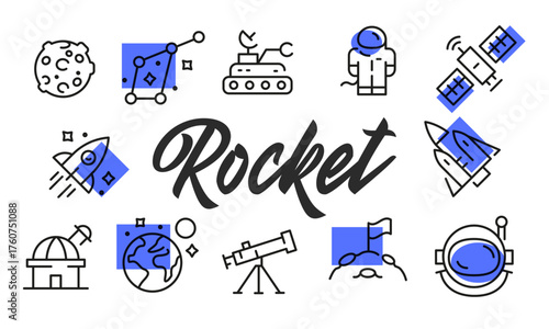 Rocket poster. Rocket poster design with space icons. Astronaut, Satellite, Moon, Earth, Telescope icons. Simple poster for presentations, covers. Banner template. Vector illustration.