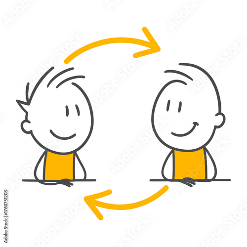 Two employees in a cyclical interaction cheerfully carrying out a continuous feedback and information exchange process.