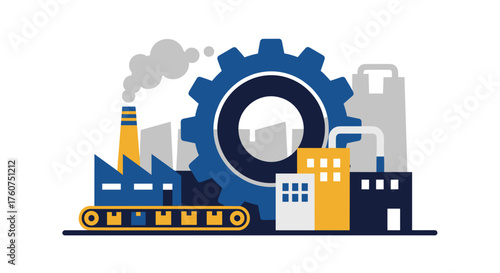 Flat vector illustration of an industrial factory complex with a gear and smokestack