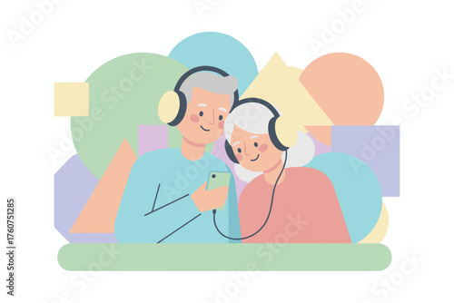 Happy senior couple sharing music via smartphone enjoying connection and modern technology together