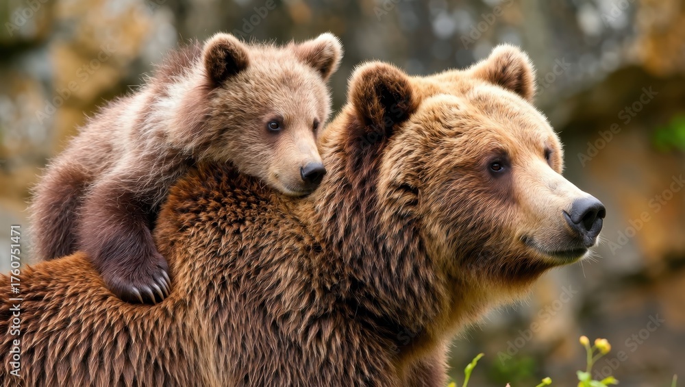 Obraz premium A brown bear mother carrying her cub on her back in nature