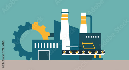 Industrial manufacturing plant illustration with smokestacks gear and production line conveyor